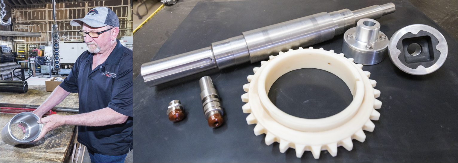 Left - Chris shows off a big bore sleeve that they produced on the GT-3080Right - SCI produce shafts, nozzles, gears, valves, pump parts for the agriculture, water movement, and food processing industries. 